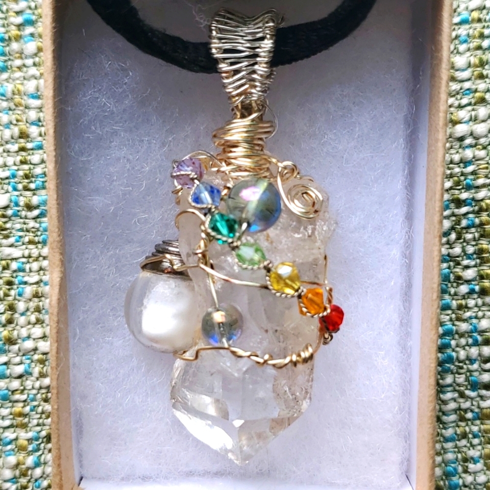 Rainbow Chakra Bead Wire Cage Luminous Quartz Pendant Necklace